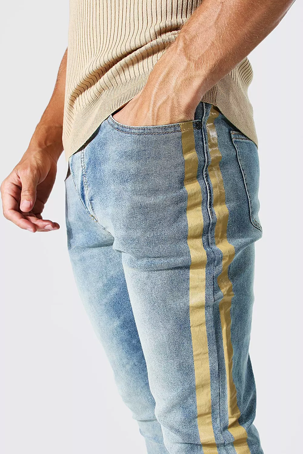 Blue jeans 2024 with yellow stripe